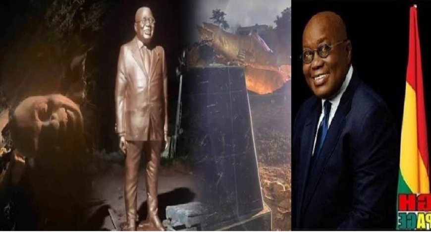 PHOTOS: It Has Finally Gone Down; Nana Addo's Statue Vandalized in Sekondi-Takoradi